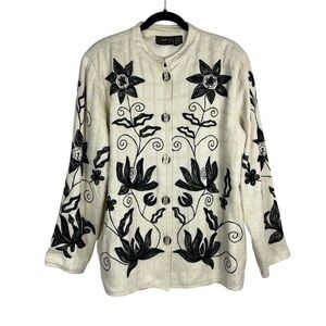 VINTAGE Womens Ivory Textured Lagen Black Embroidered Blazer Jacket Allure Large